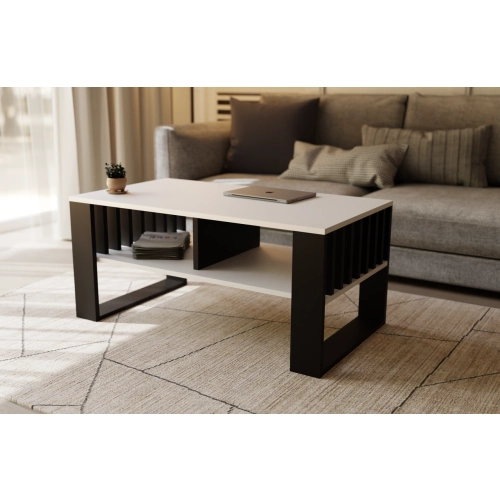 Stolik kawowy ST14 BIA z lamelami Ława Biały/Czarny z półką loft